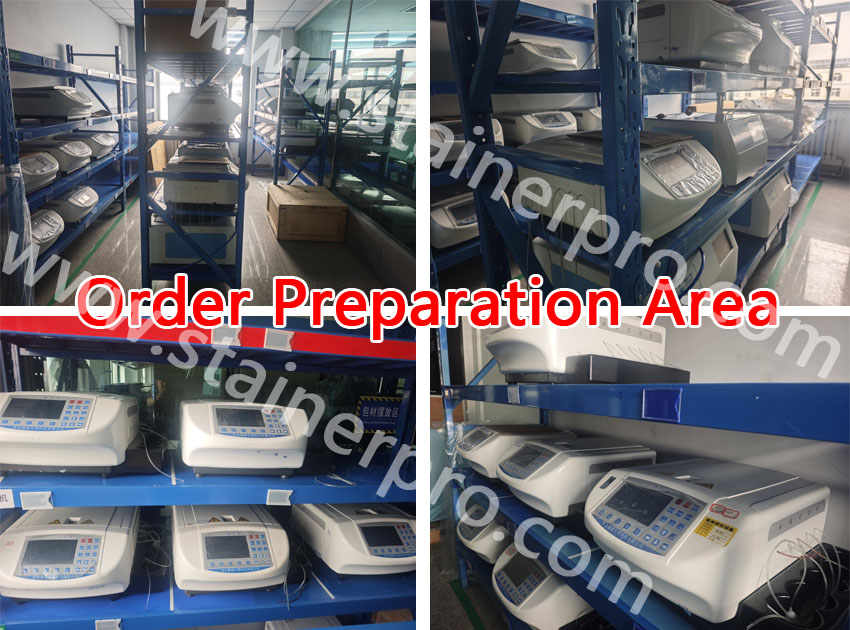 Collage of four‑angle views for our finished‑goods shipping warehouse, showing stocked automatic slide stainers ready for global customer orders and shipment. Collage of four‑angle views for our finished‑goods shipping warehouse, showing stocked automatic slide stainers ready for global customer orders and shipment.